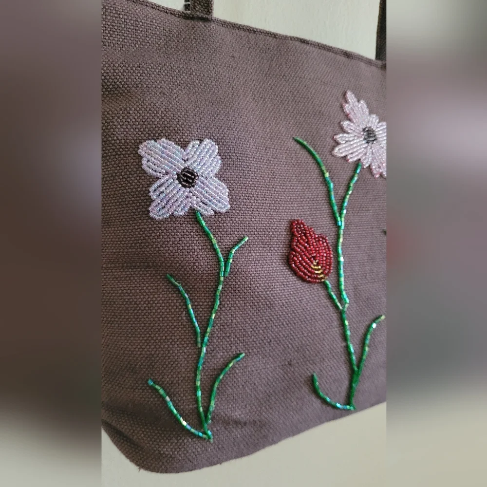 Vintage Small Woven Shoulder Bag with Beaded Floral Embroidery, Brown.